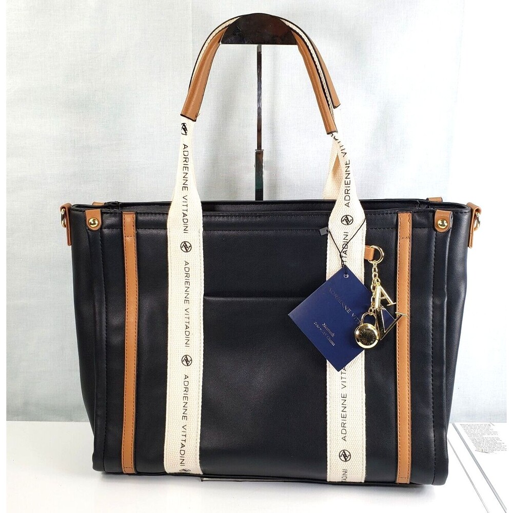 Adrienne Vittadini Montauk Black Tote With AV Charm Top Zip Closure  NWT